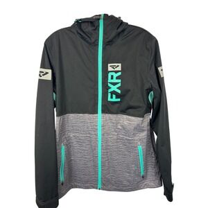 FXR Tech Gear Womens Rush Dual Laminate Rain Jacket Black Gray Teal Hooded Large